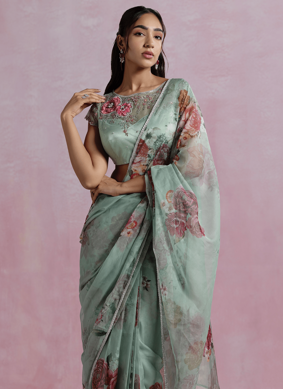 Mint Green Floral Printed Organza Saree - Lashkaraa
