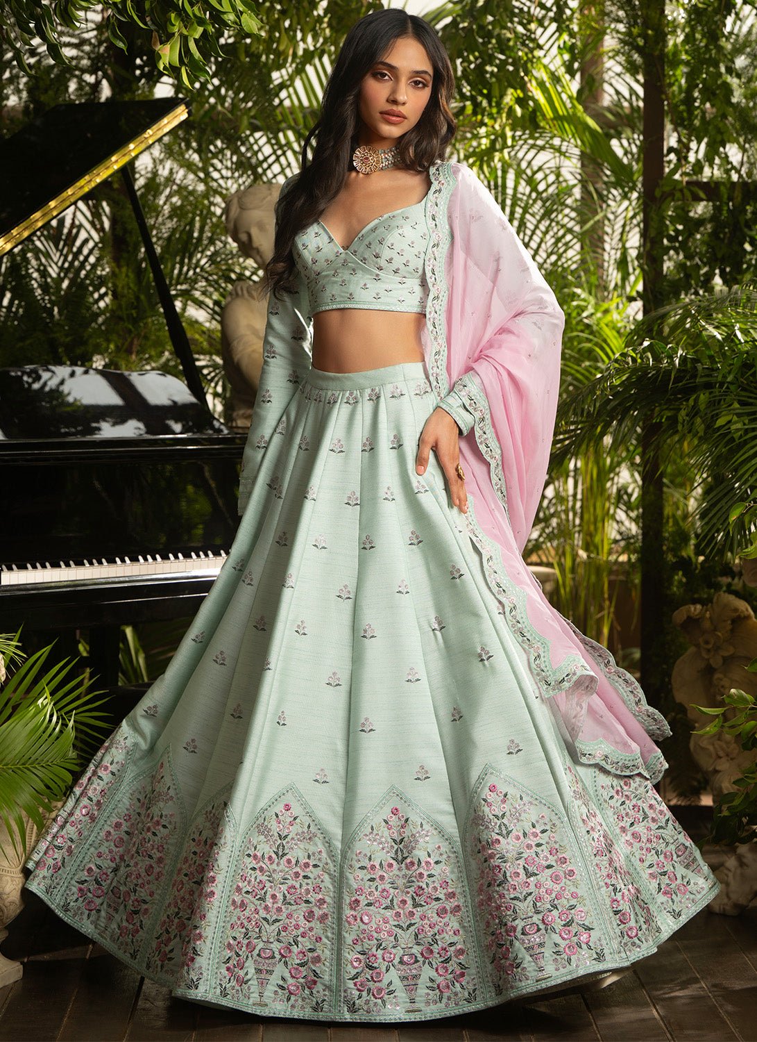 Mint Green Multicolor Raw Silk Lehenga - Lashkaraa