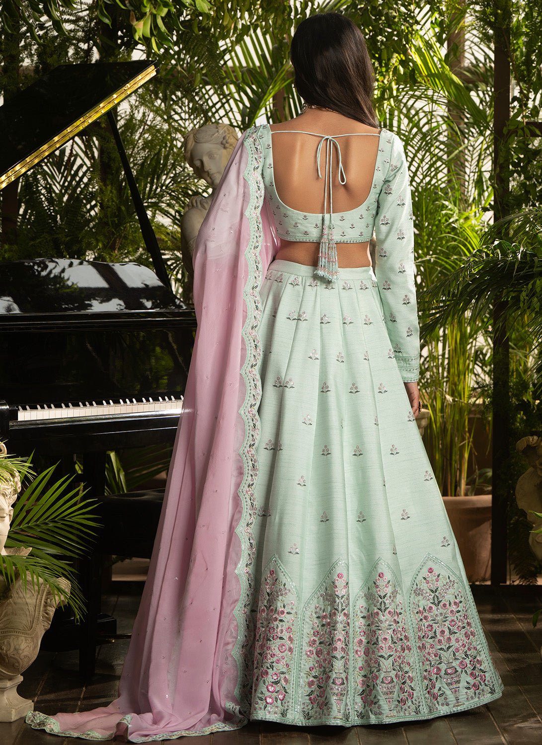 Mint Green Multicolor Raw Silk Lehenga - Lashkaraa