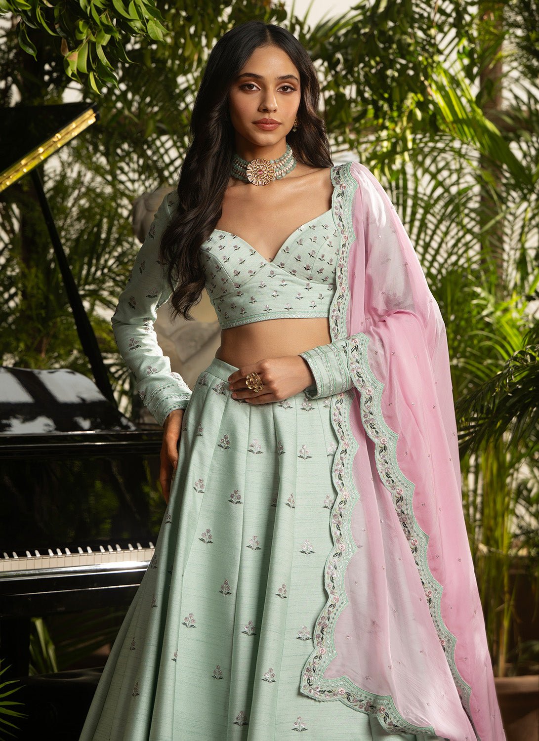 Mint Green Multicolor Raw Silk Lehenga - Lashkaraa