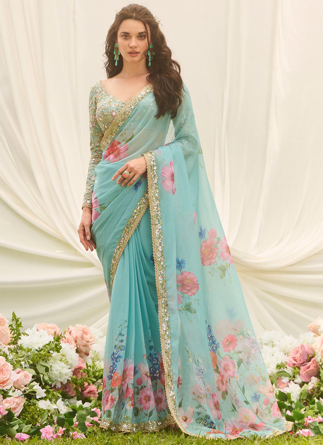 Mint Multicolor Floral Embroidered Saree - Lashkaraa