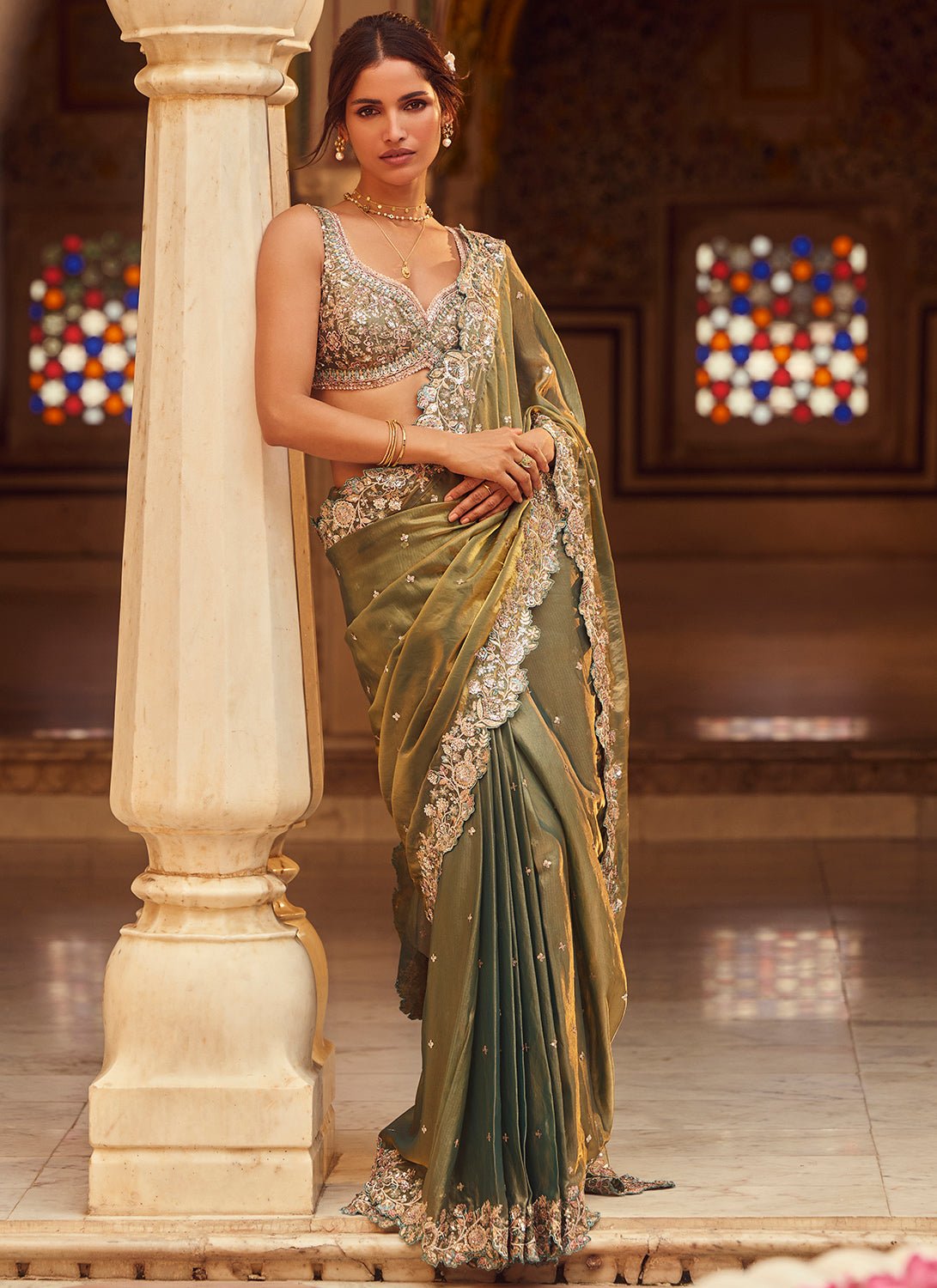 Moss Green Embroidered Silk Saree - Lashkaraa