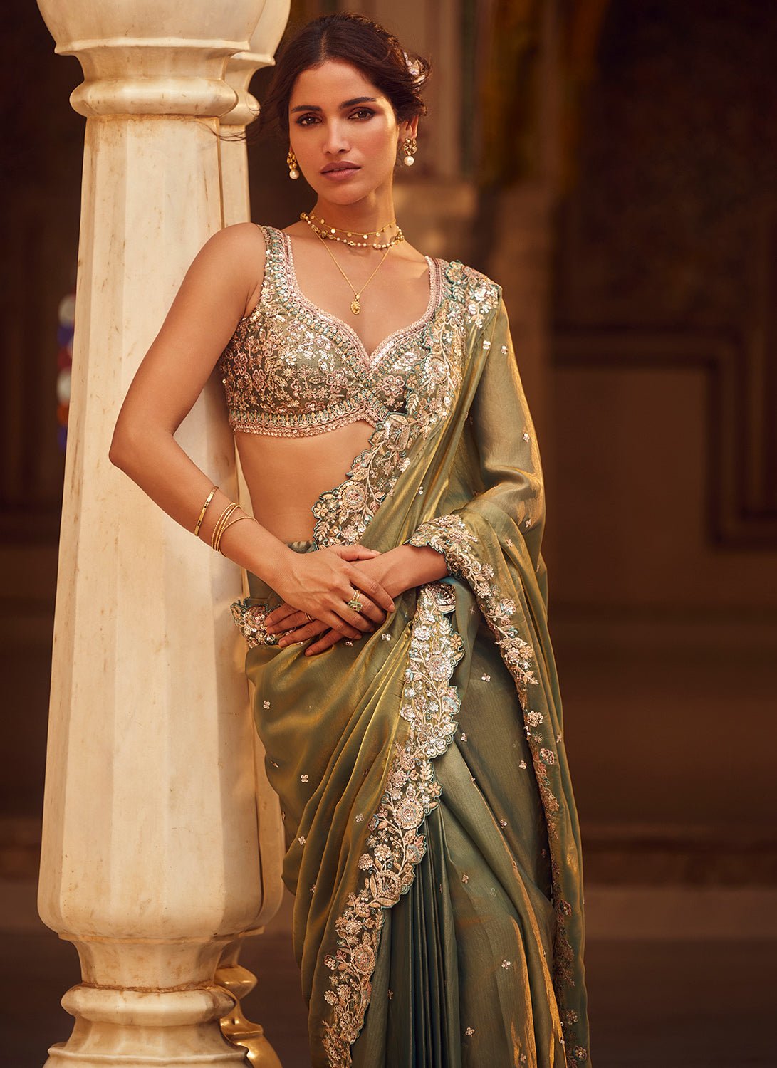 Moss Green Embroidered Silk Saree - Lashkaraa