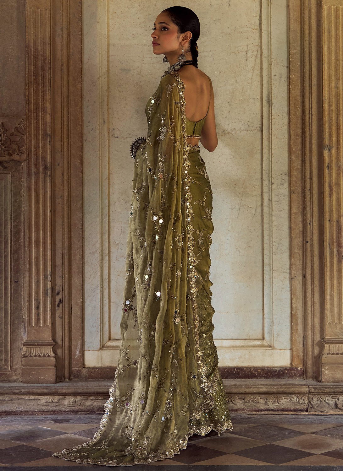 Moss Green Embroidered Tissue Saree - Lashkaraa