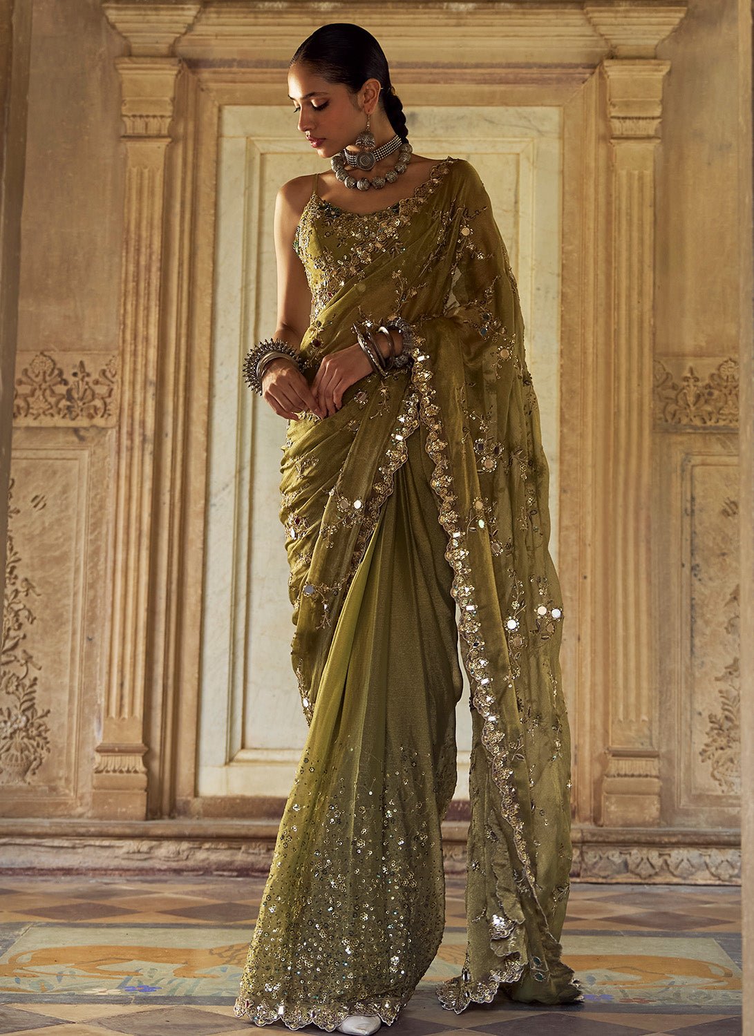 Moss Green Embroidered Tissue Saree - Lashkaraa