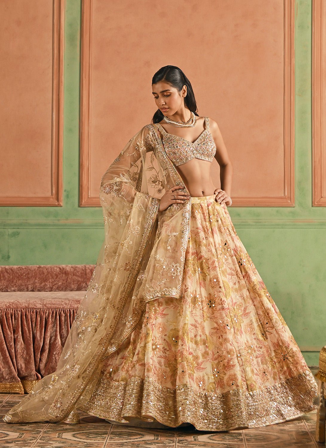 Multicolor Cream Floral Printed Lehenga - Lashkaraa