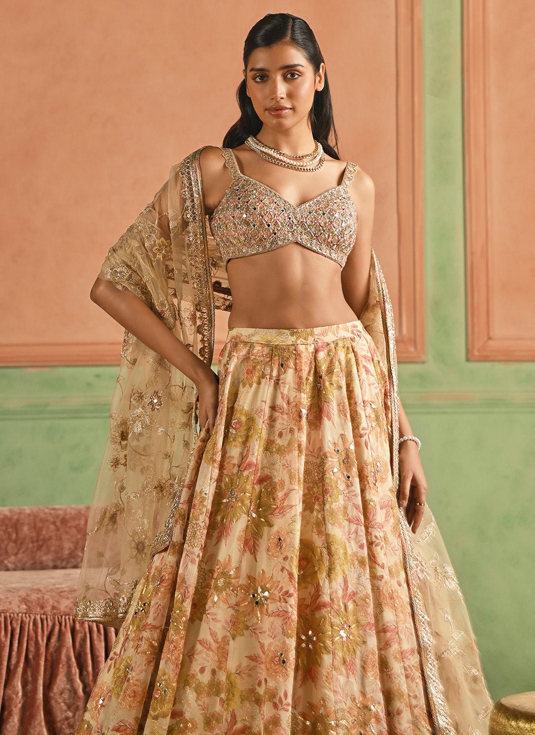 Multicolor Cream Floral Printed Lehenga - Lashkaraa