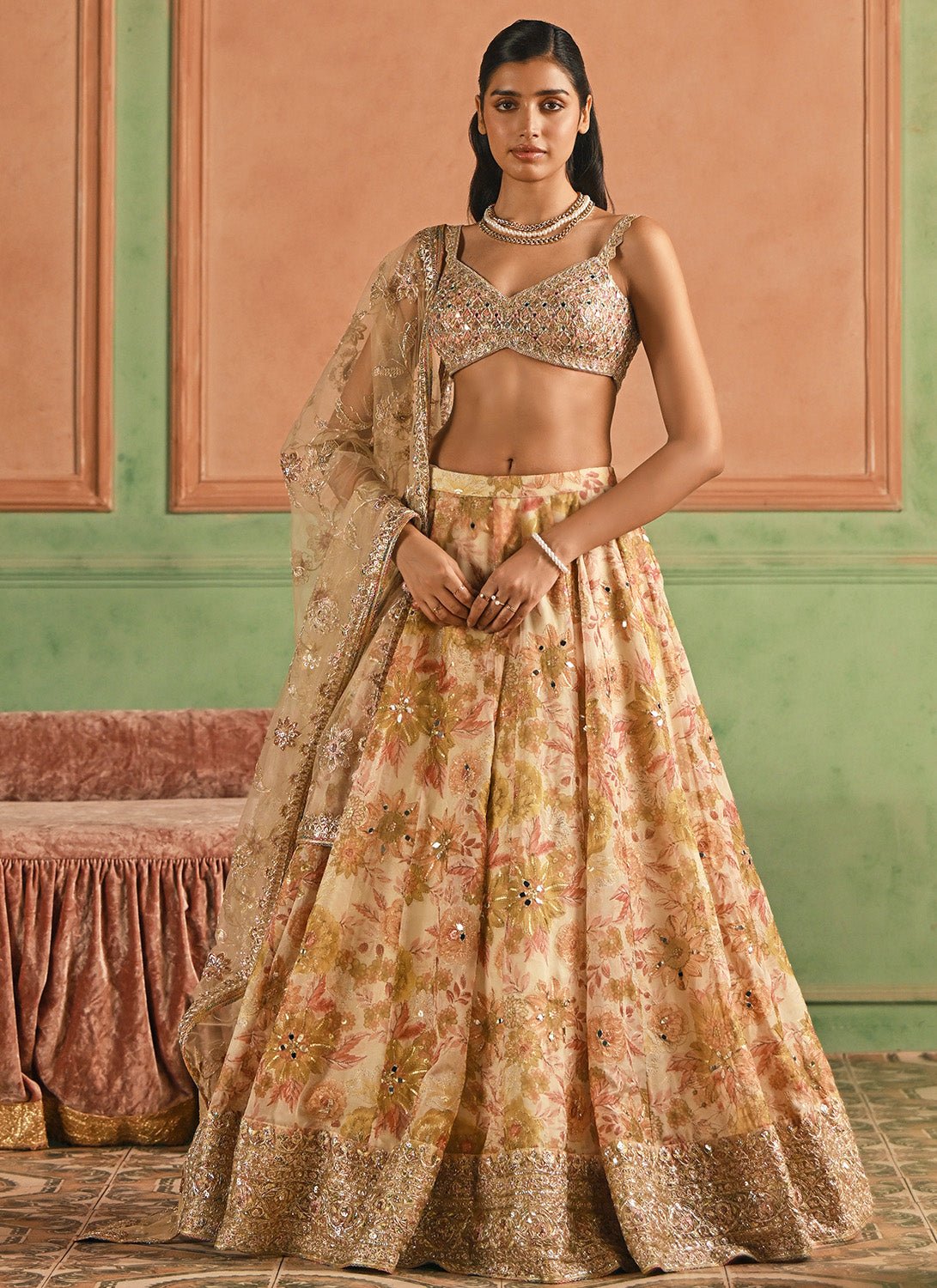Multicolor Cream Floral Printed Lehenga - Lashkaraa