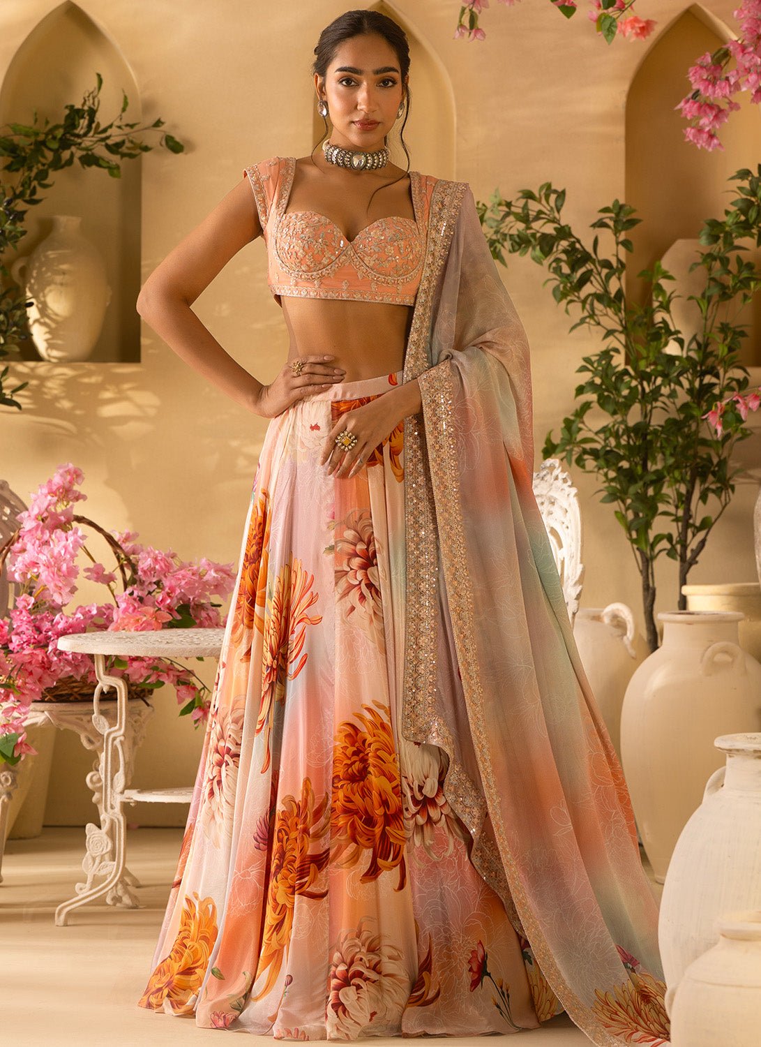 Multicolor Floral Embroidered Crepe Silk Lehenga - Lashkaraa