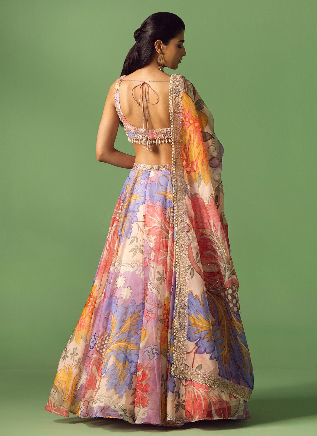 Multicolor Floral Printed Organza Lehenga - Lashkaraa