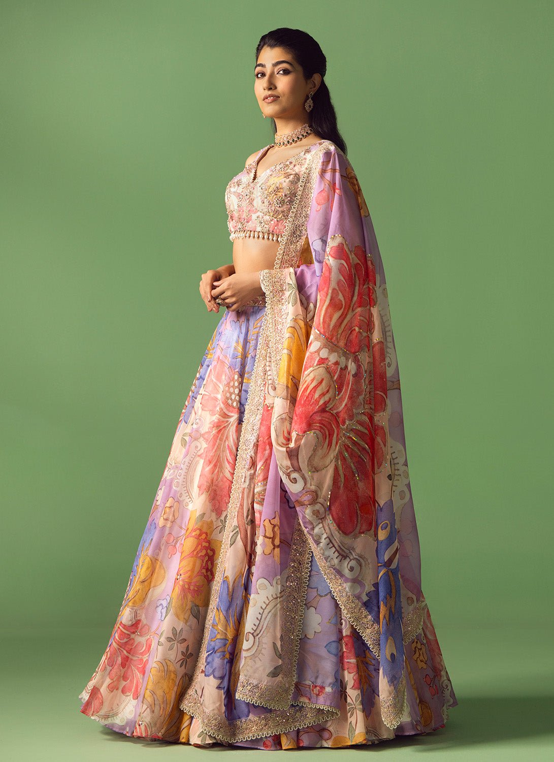 Multicolor Floral Printed Organza Lehenga - Lashkaraa