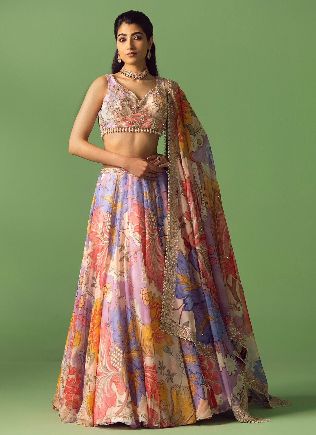 Multicolor Floral Printed Organza Lehenga - Lashkaraa