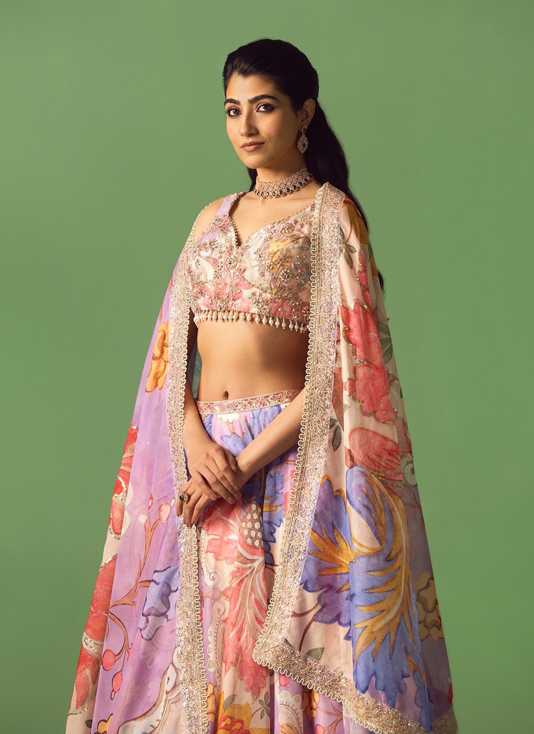 Multicolor Floral Printed Organza Lehenga - Lashkaraa