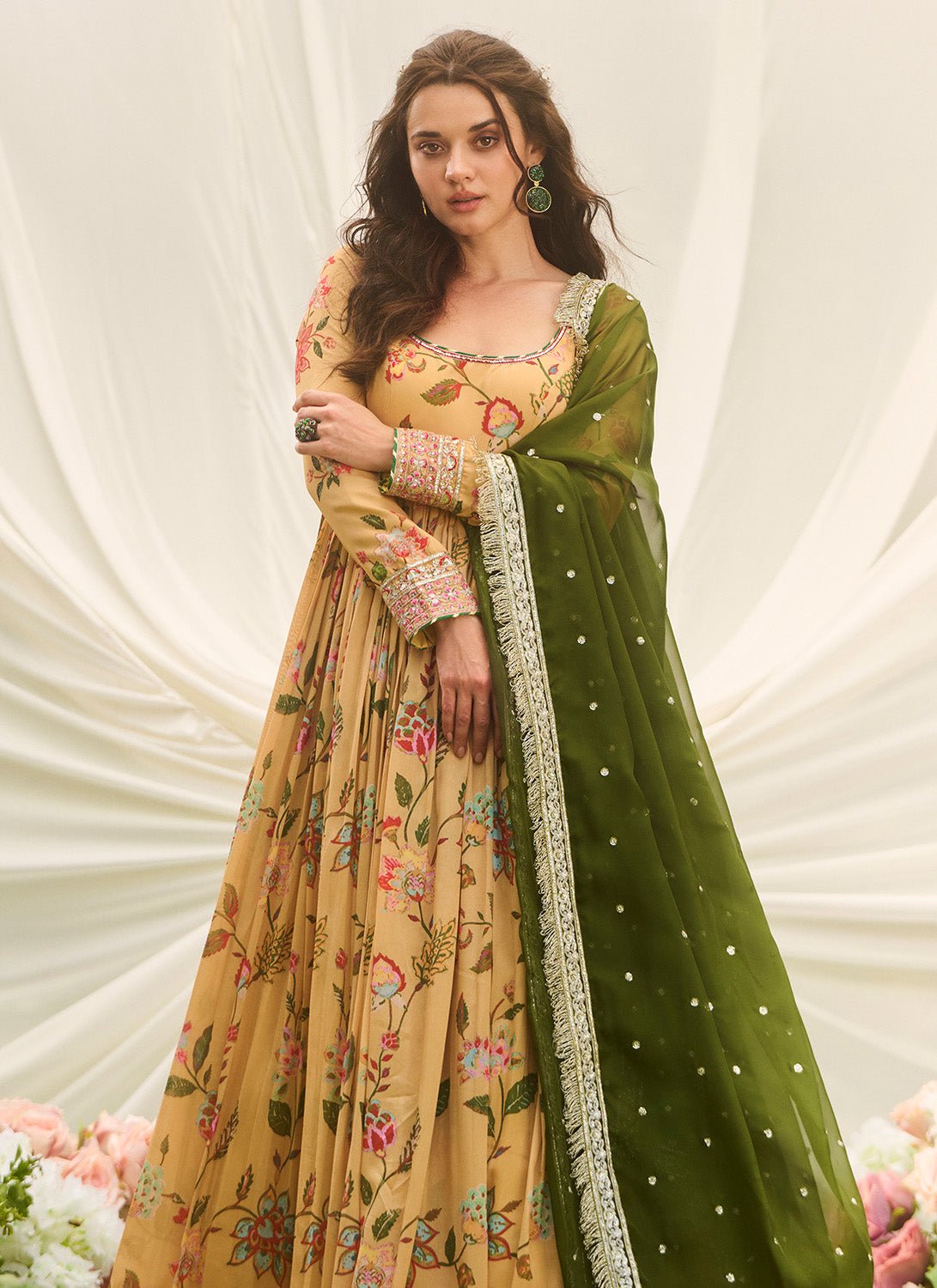 Mustard and Green Floral Printed Anarkali - Lashkaraa