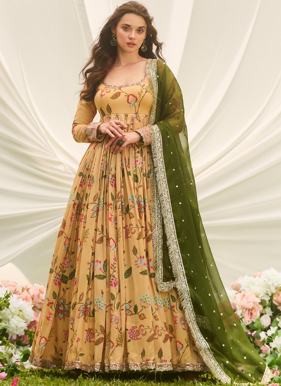 Mustard and Green Floral Printed Anarkali - Lashkaraa