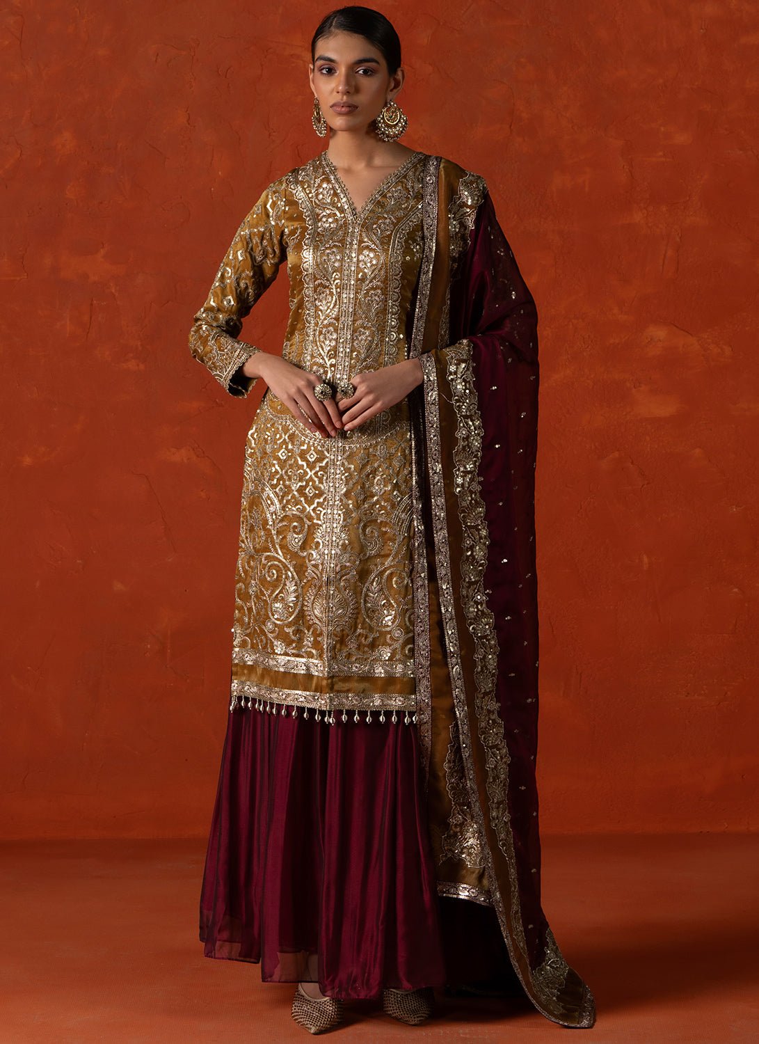 Mustard and Mulberry Embroidered Sharara Suit - Lashkaraa