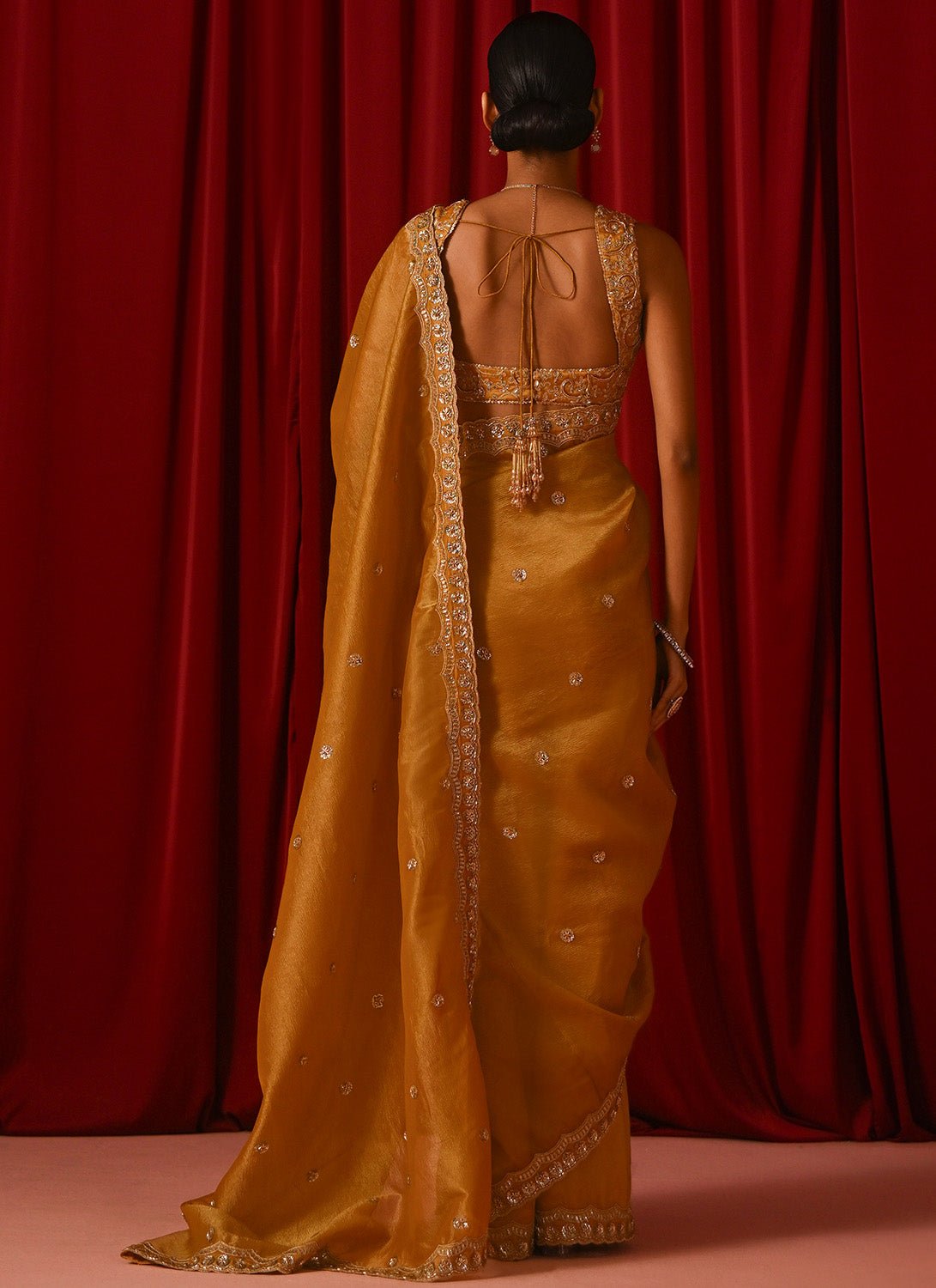 Mustard Embroidered Tissue Saree - Lashkaraa
