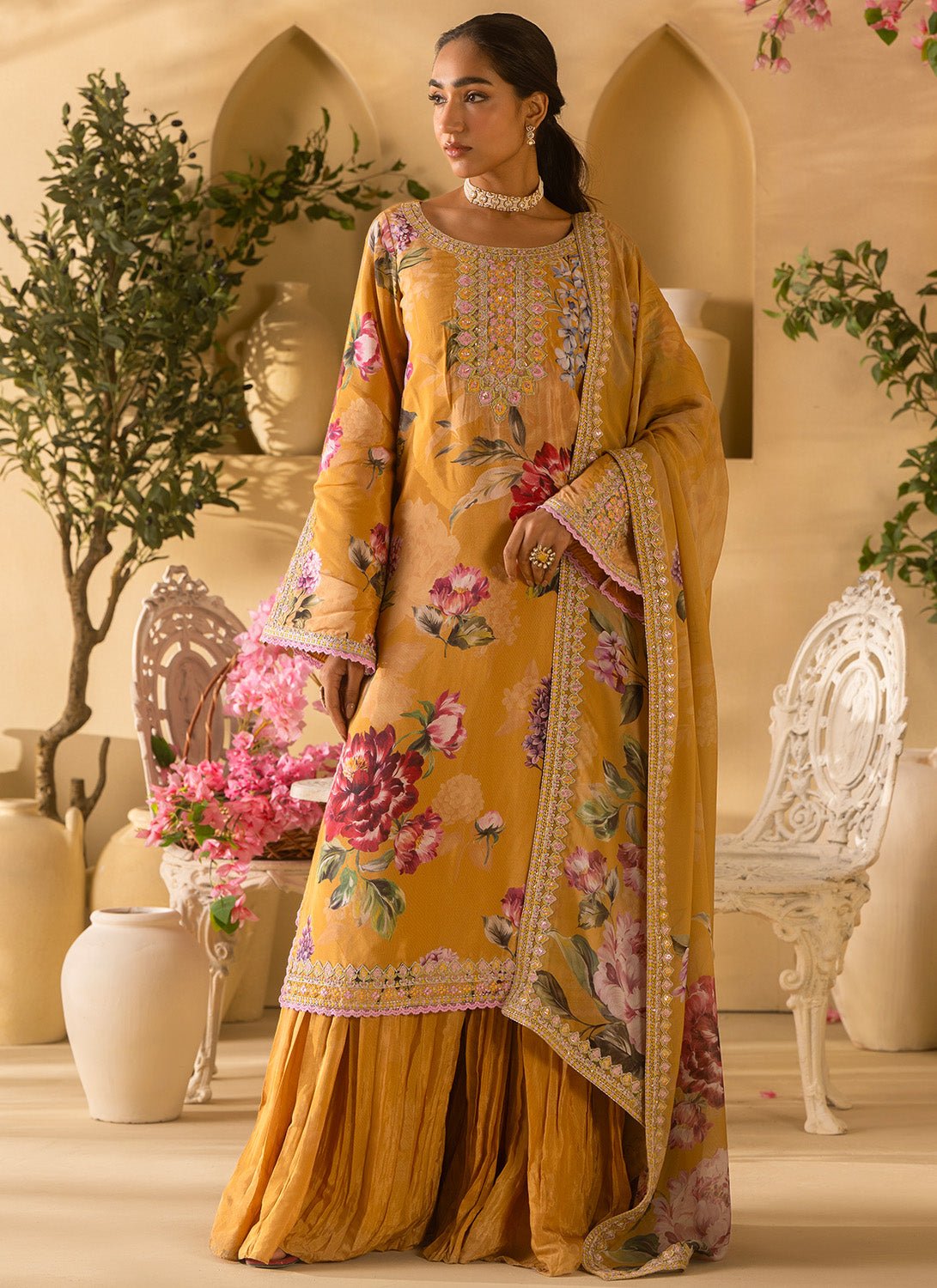 Mustard Floral Embroidered Satin Georgette Sharara Suit - Lashkaraa
