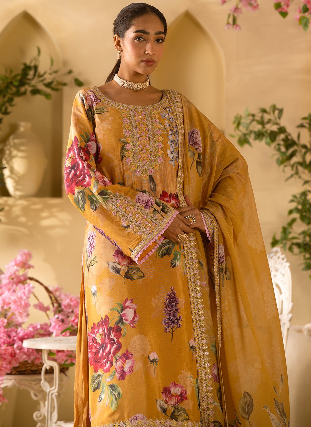 Mustard Floral Embroidered Satin Georgette Sharara Suit - Lashkaraa