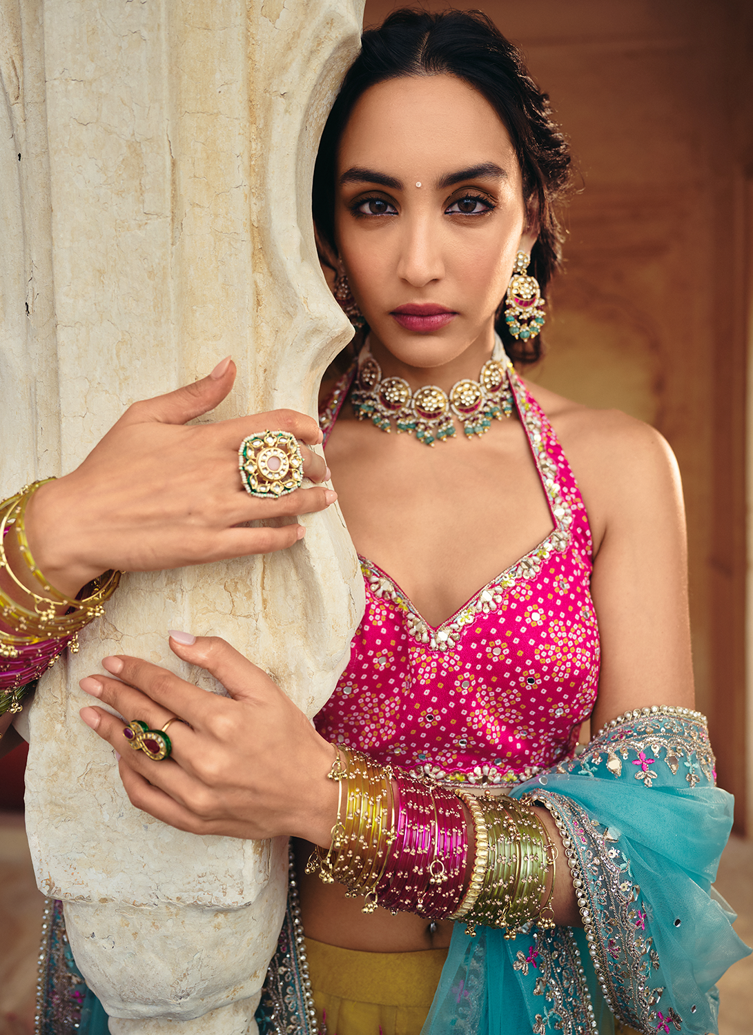 Mustard Multicolor Embroidered Bandhani Lehenga - Lashkaraa