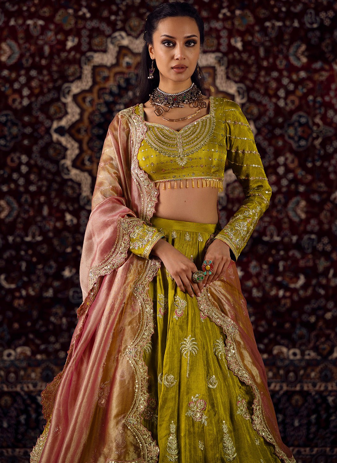 Mustard Olive Green Embroidered Viscose Tissue Lehenga - Lashkaraa