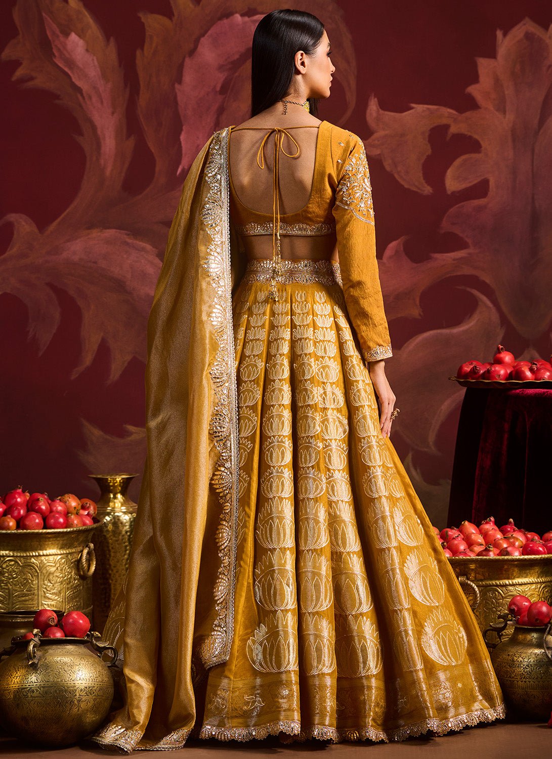 Mustard Yellow Embroidered Brocade Lehenga - Lashkaraa