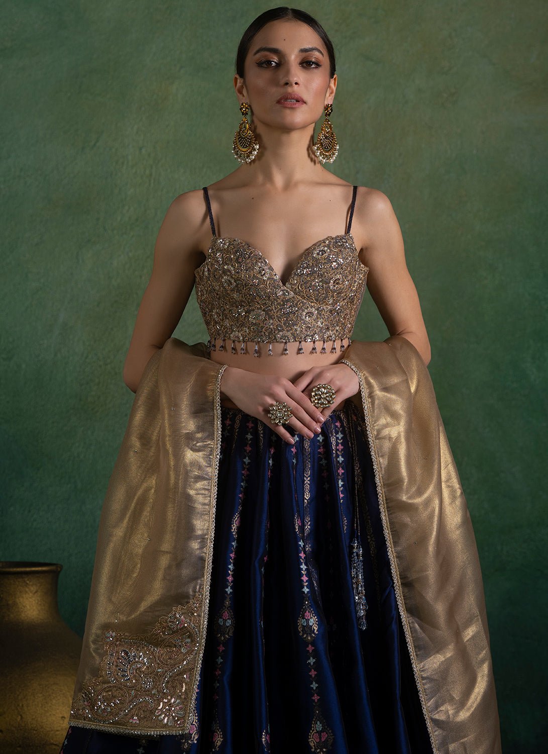Navy Blue and Gold Embroidered Lehenga - Lashkaraa