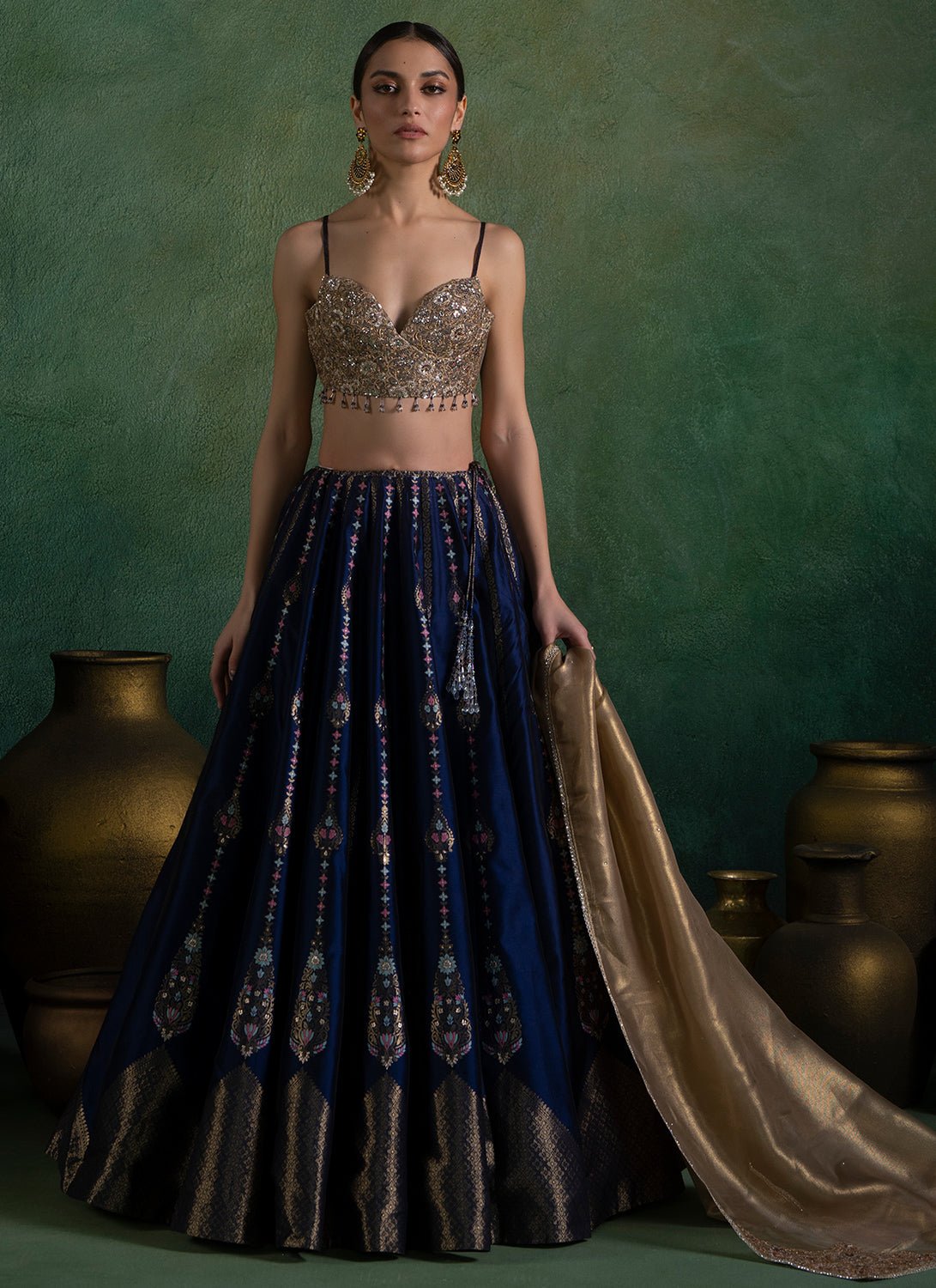Navy Blue and Gold Embroidered Lehenga - Lashkaraa