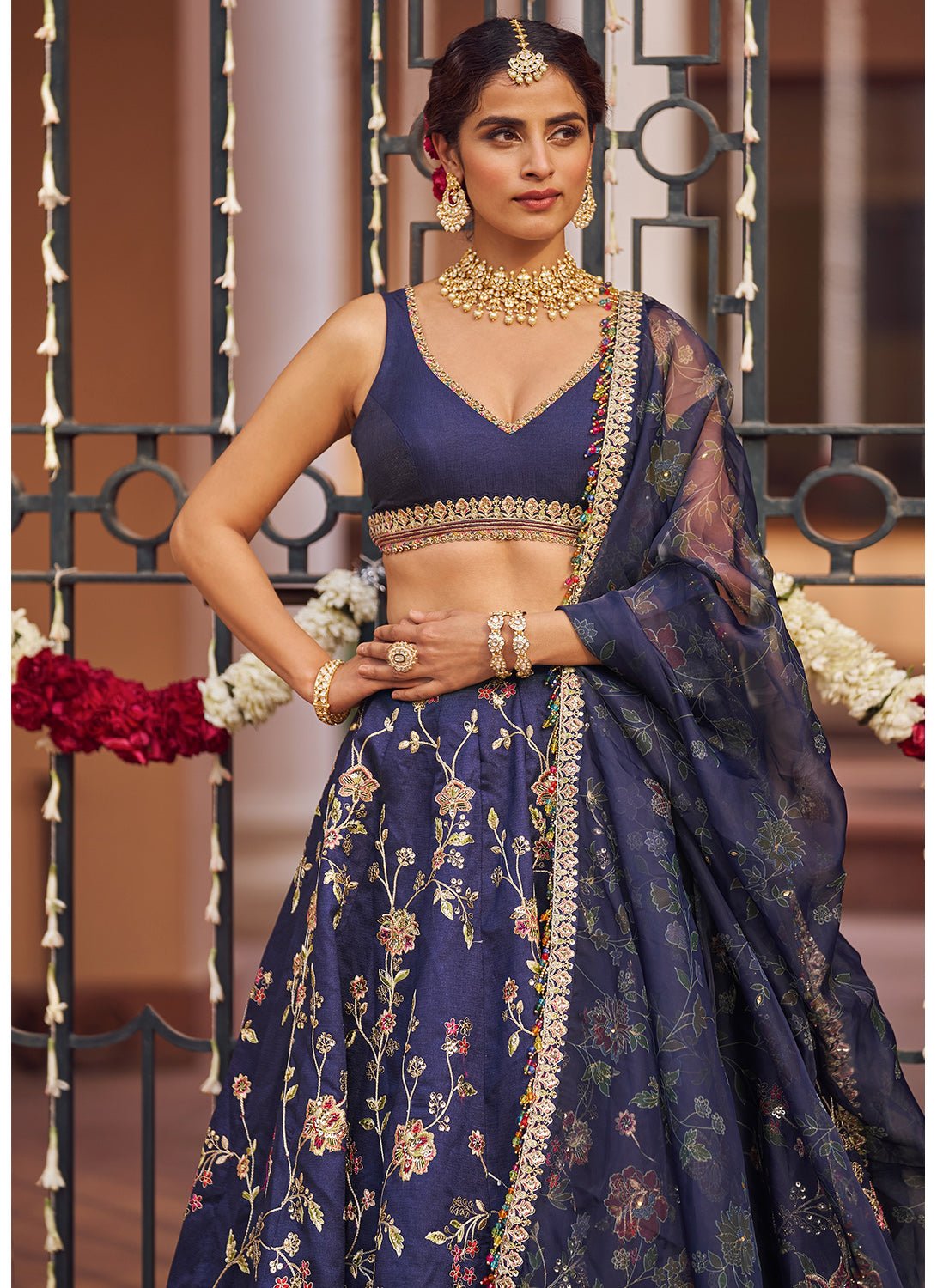 Navy Blue Embroidered Lehenga - Lashkaraa