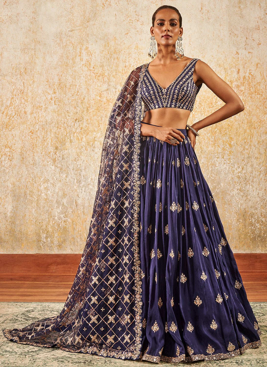 Navy Blue Embroidered Lehenga - Lashkaraa