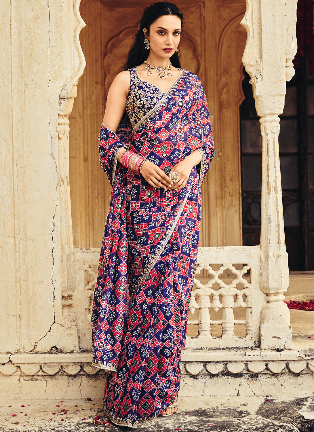 Navy Blue Embroidered Multicolor Chiffon Saree - Lashkaraa