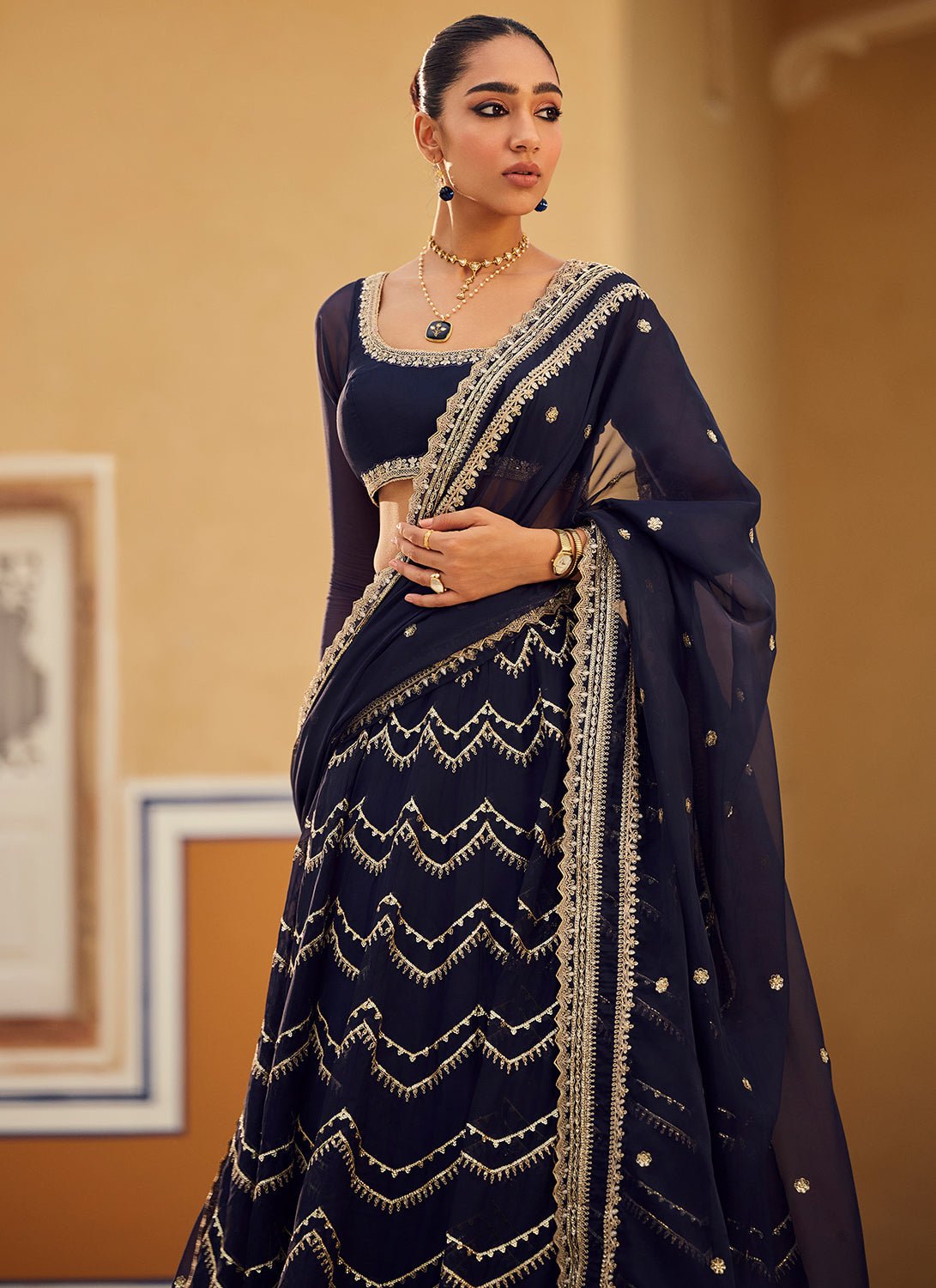 Navy Blue Embroidered Organza Lehenga - Lashkaraa