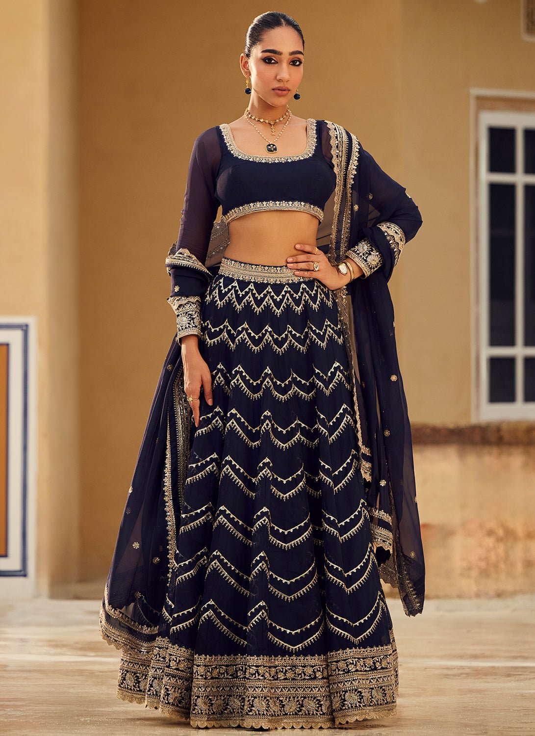 Navy Blue Embroidered Organza Lehenga - Lashkaraa