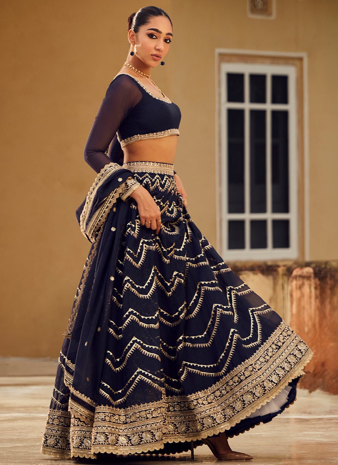 Navy Blue Embroidered Organza Lehenga - Lashkaraa