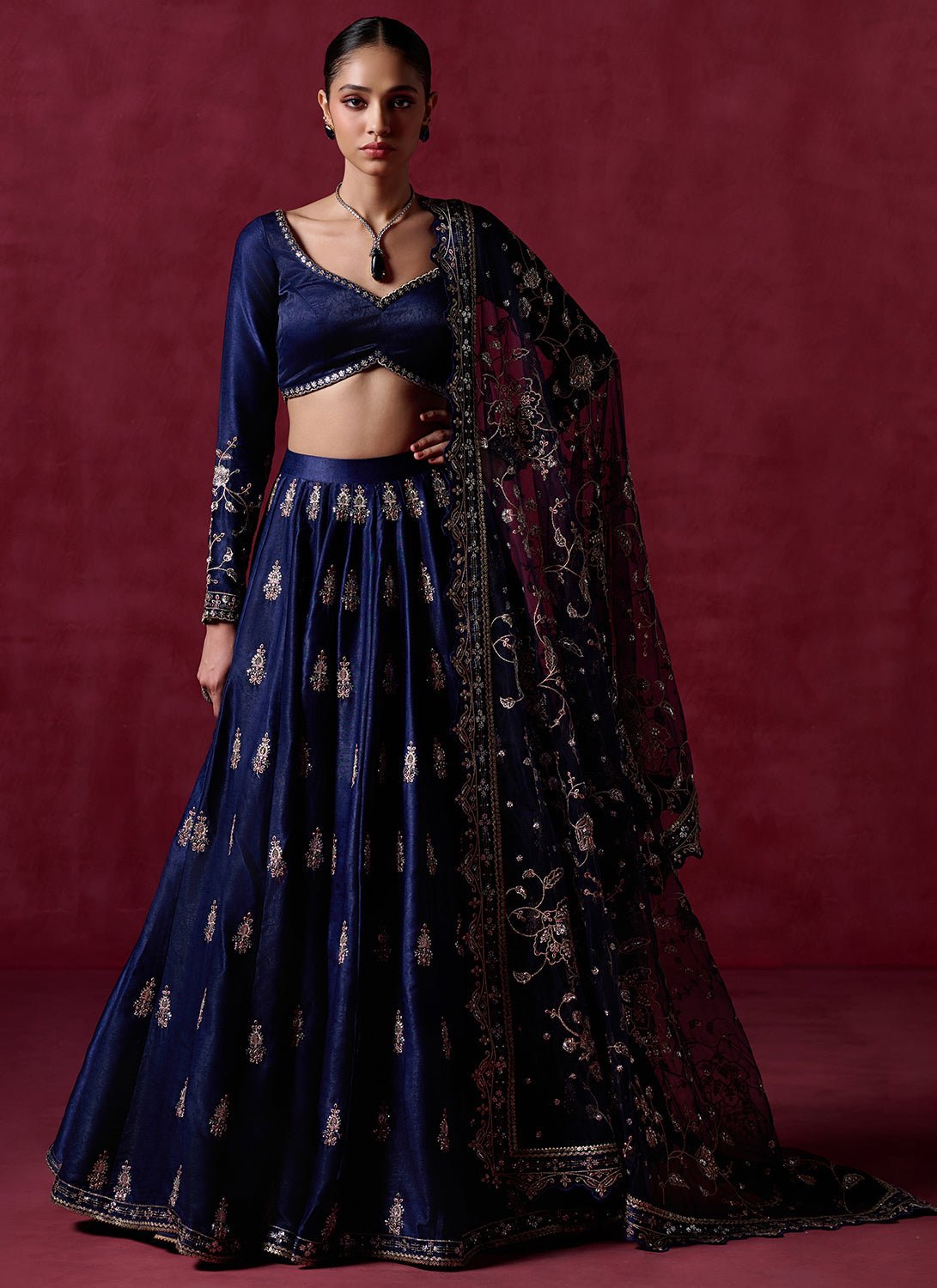 Navy Blue Embroidered Satin Lehenga - Lashkaraa