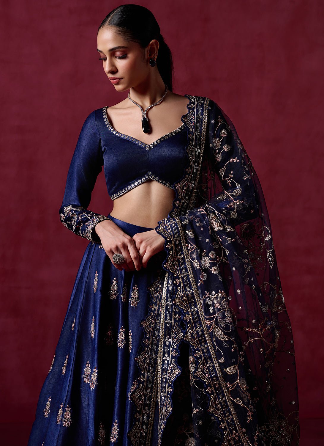 Navy Blue Embroidered Satin Lehenga - Lashkaraa