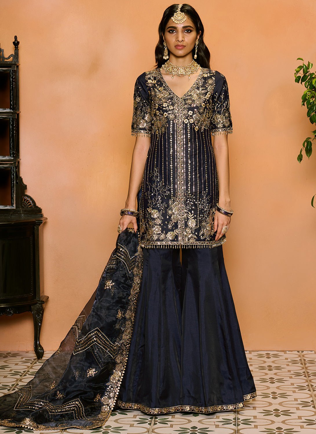 Navy Blue Embroidered Sharara Suit - Lashkaraa