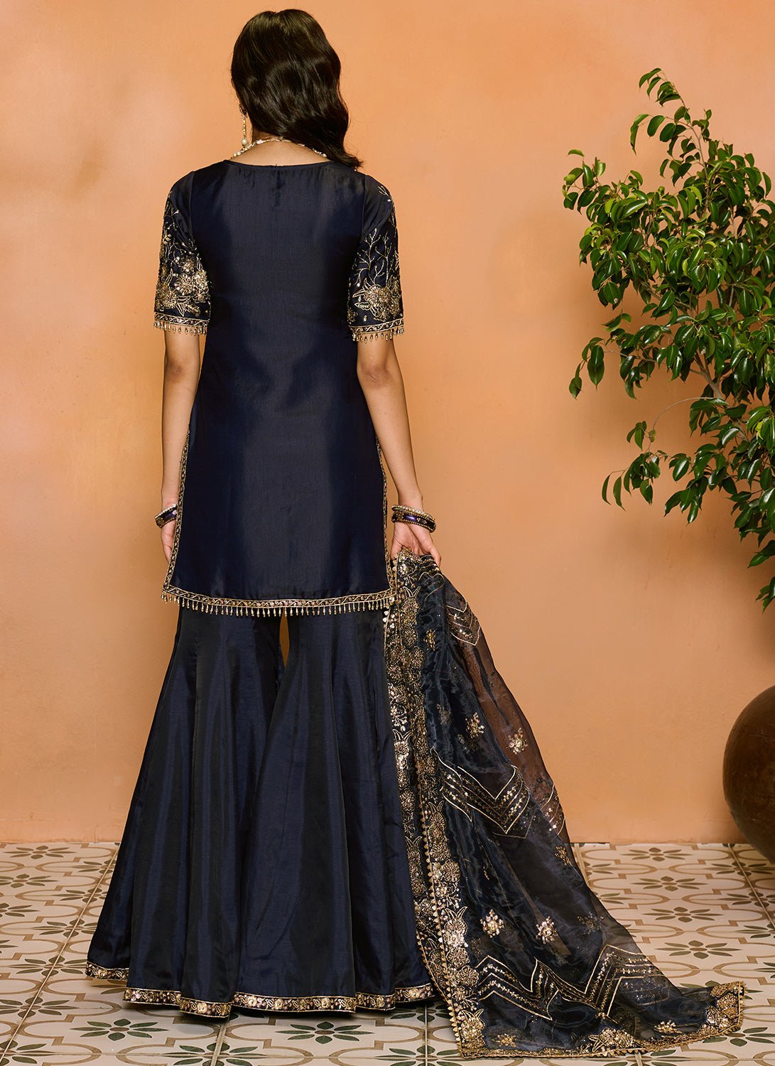 Navy Blue Embroidered Sharara Suit - Lashkaraa