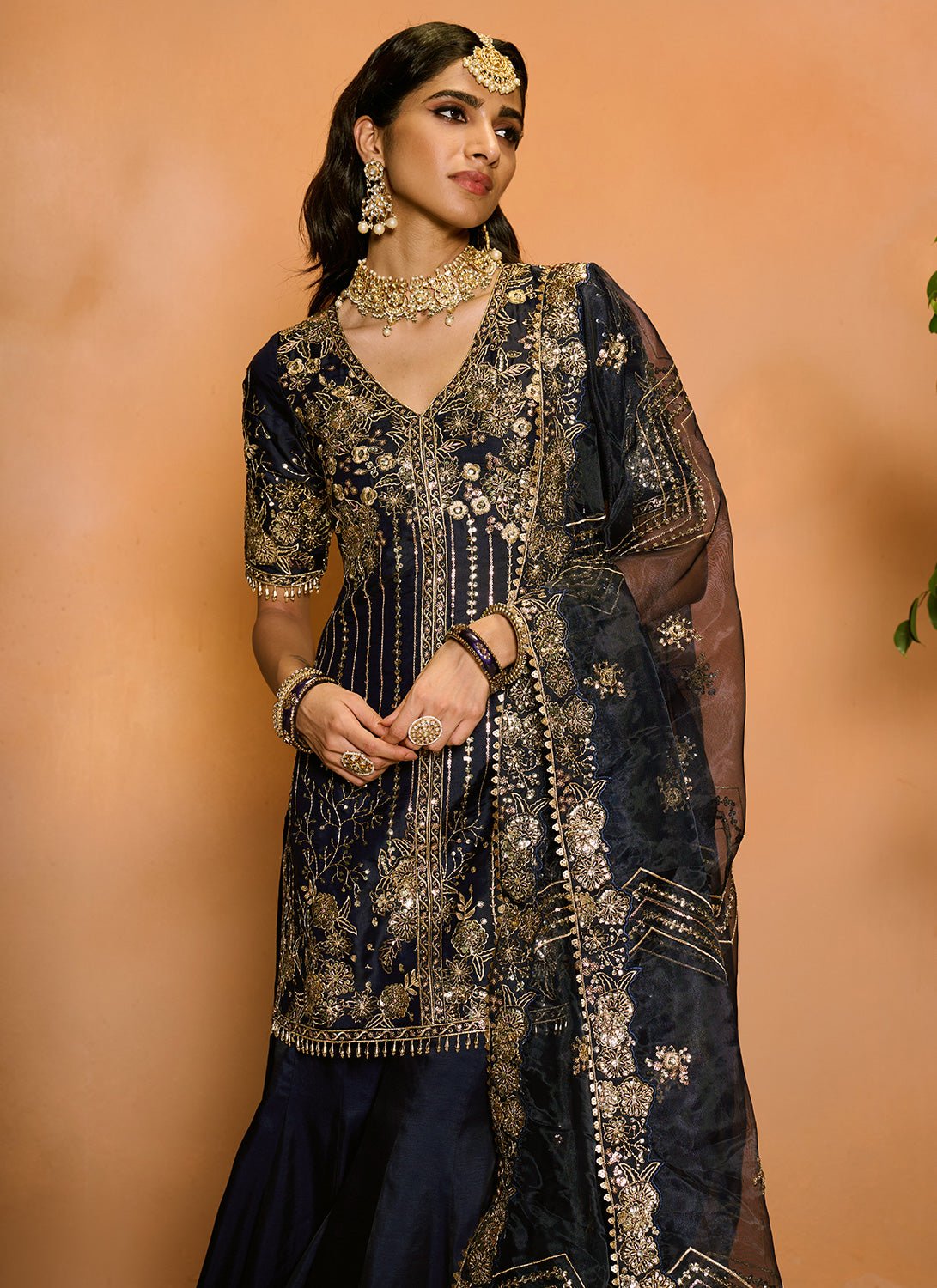 Navy Blue Embroidered Sharara Suit - Lashkaraa