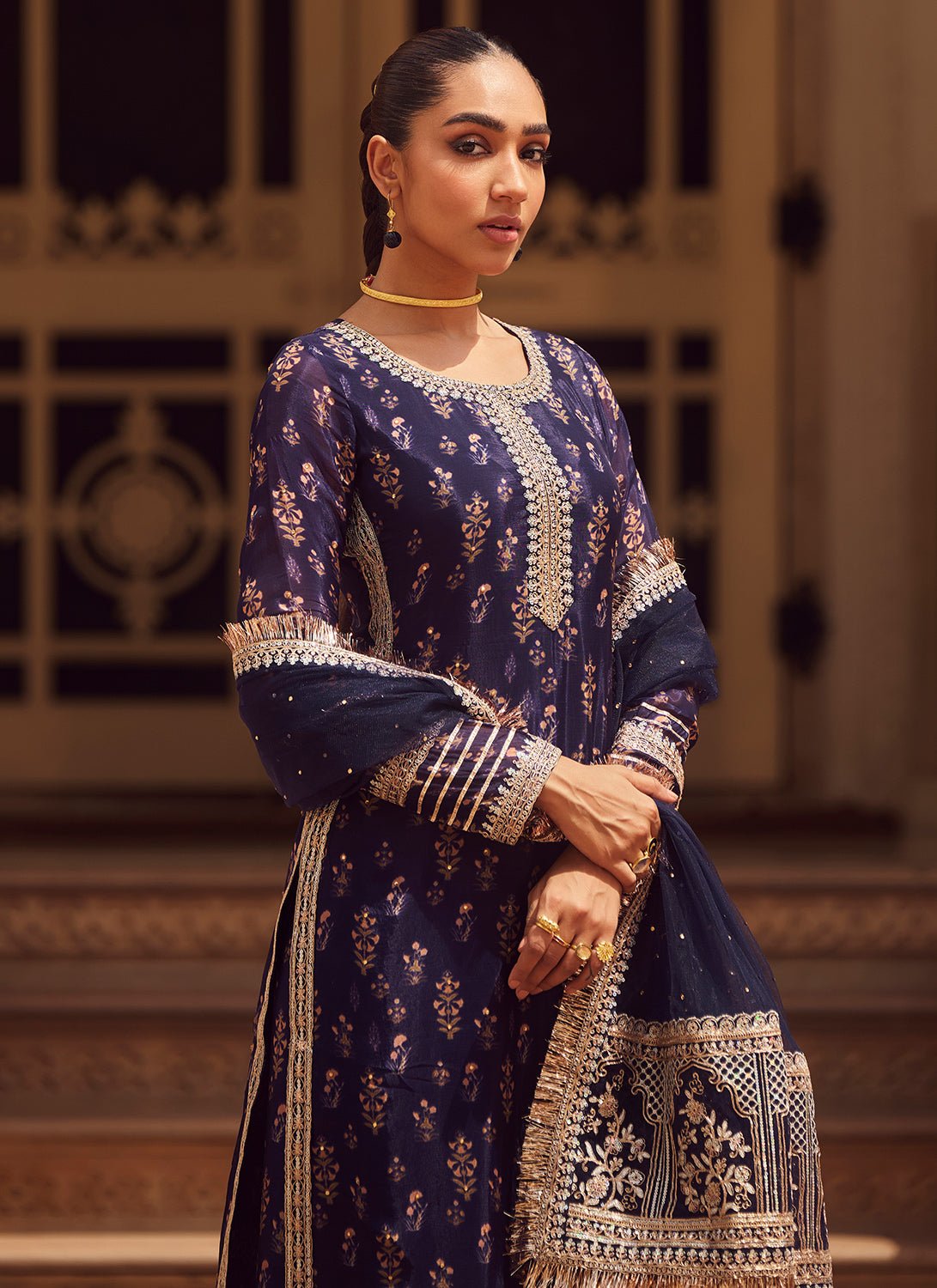 Navy Blue Embroidered Tissue Straight Suit - Lashkaraa