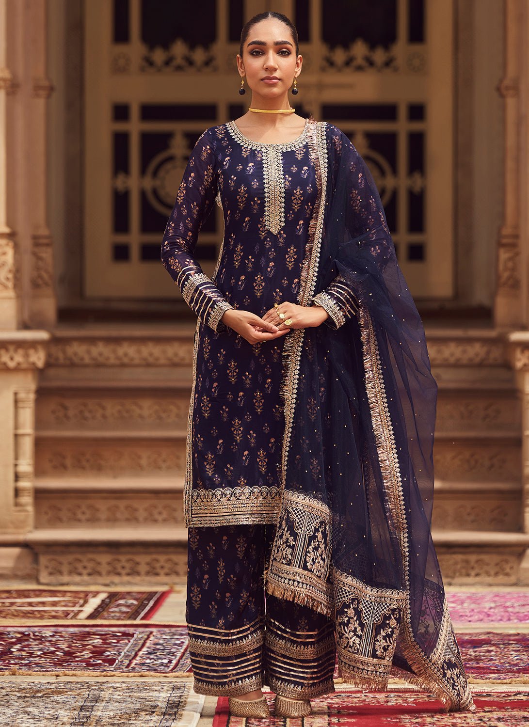 Navy Blue Embroidered Tissue Straight Suit - Lashkaraa