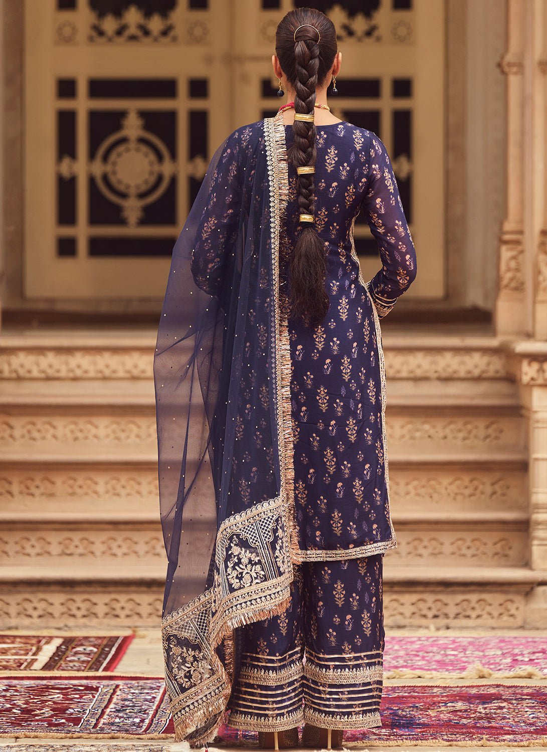 Navy Blue Embroidered Tissue Straight Suit - Lashkaraa