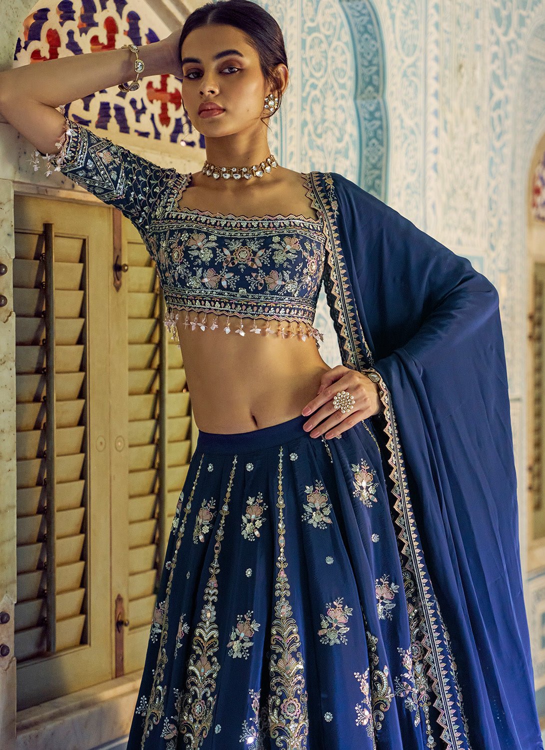 Navy Blue Embroidered Viscose Crepe Lehenga - Lashkaraa