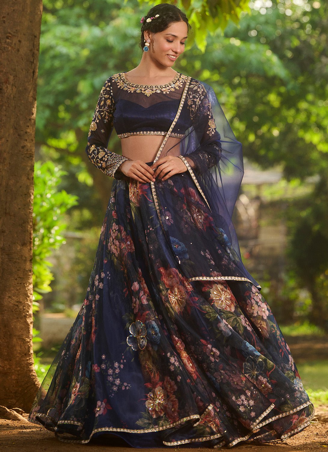 Navy Blue Floral Embroidered Lehenga - Lashkaraa