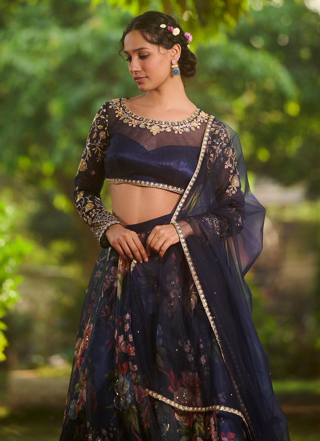 Navy Blue Floral Embroidered Lehenga - Lashkaraa