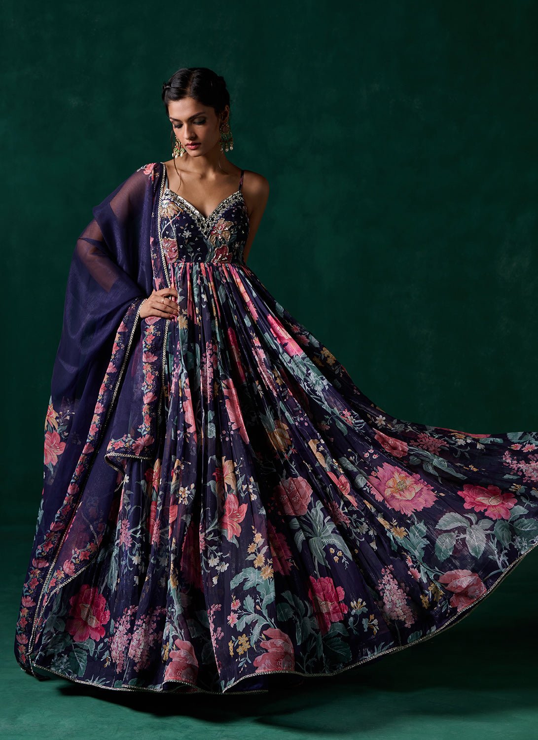 Navy Blue Multicolor Floral Printed Anarkali - Lashkaraa
