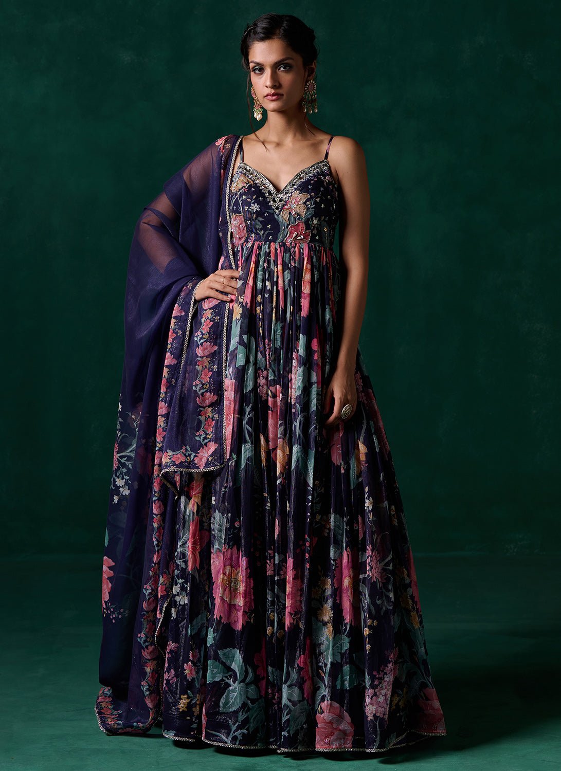 Navy Blue Multicolor Floral Printed Anarkali Custom Navy Blue Multicolor Floral Printed Anarkali Custom