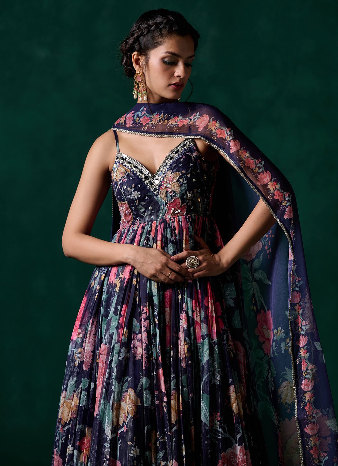 Navy Blue Multicolor Floral Printed Anarkali - Lashkaraa