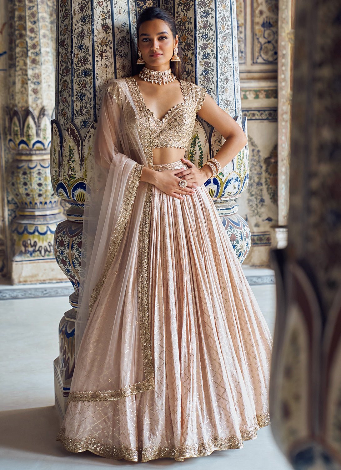 Nude and Gold Embroidered Lehenga - Lashkaraa