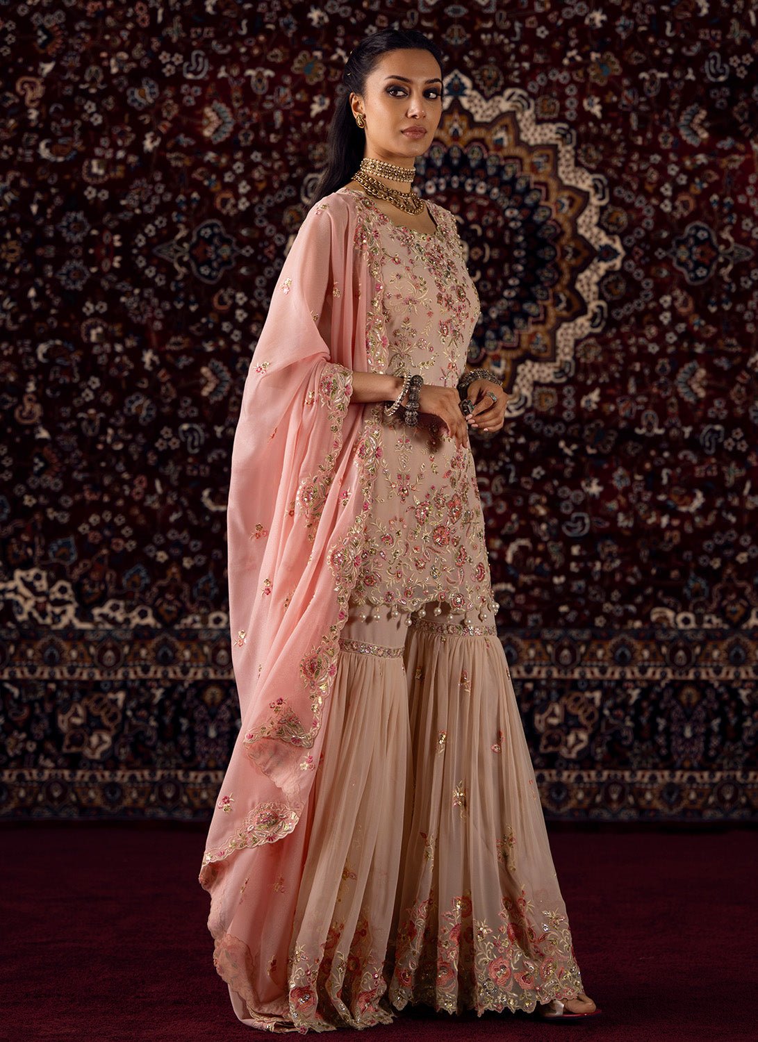 Nude and Pink Embroidered Georgette Gharara - Lashkaraa